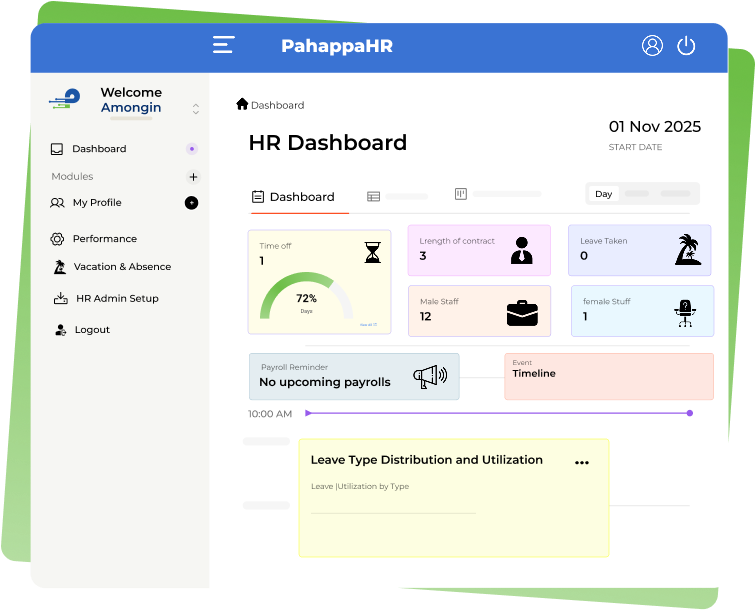 PahappaHR Employee self-service portal dashboard. View payslips & request leave